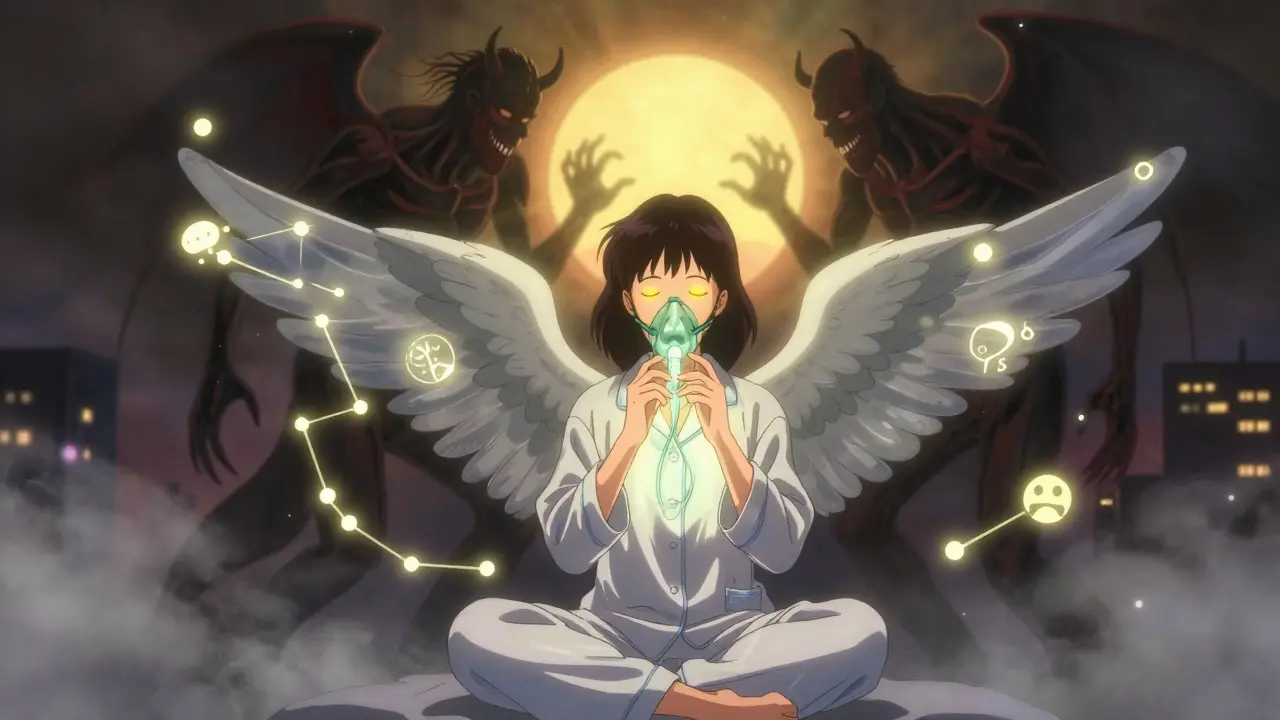 Woman holding a CPAP mask that becomes an angel, with heart disease demons dissolving in golden light.