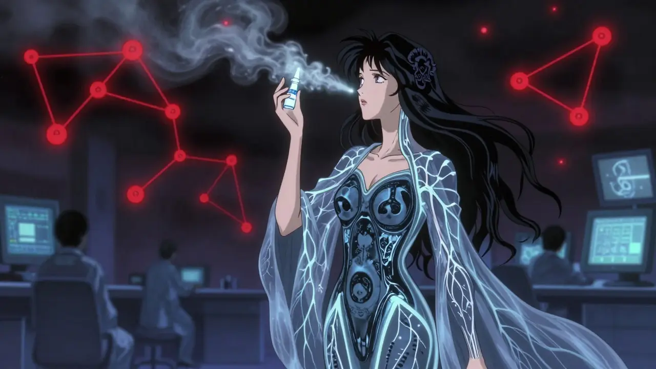 Woman holding nasal spray as neural storms swirl behind her, symbolizing hidden risks.