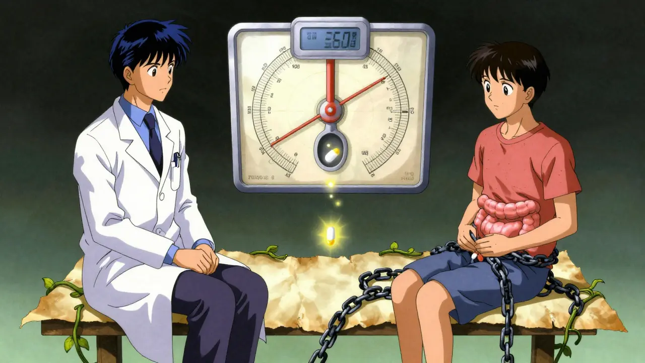 A doctor and patient beside a floating Bristol Scale as a pill dissolves constipation chains.