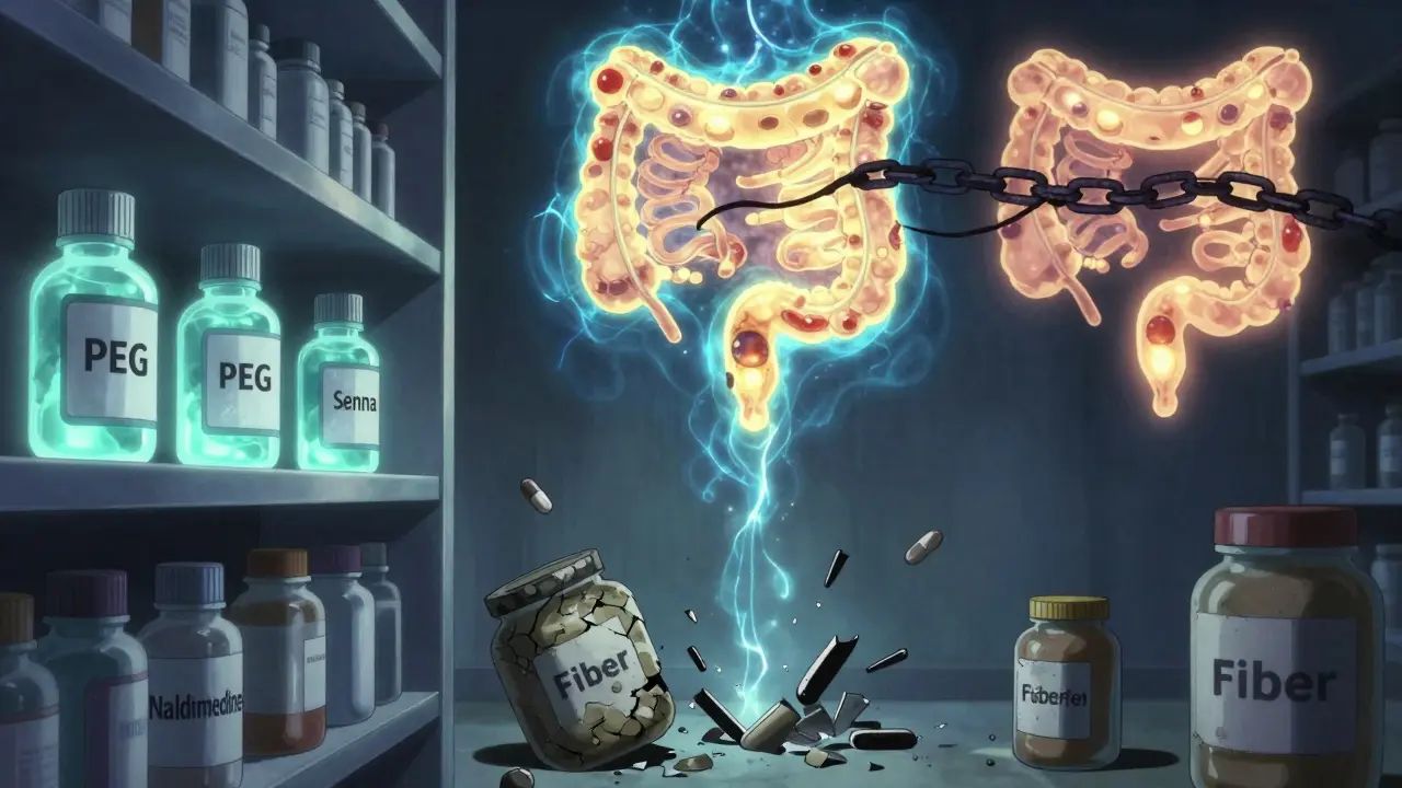 A glowing pharmacy shelf with effective laxatives beside shattered fiber jars, representing OIC treatment.