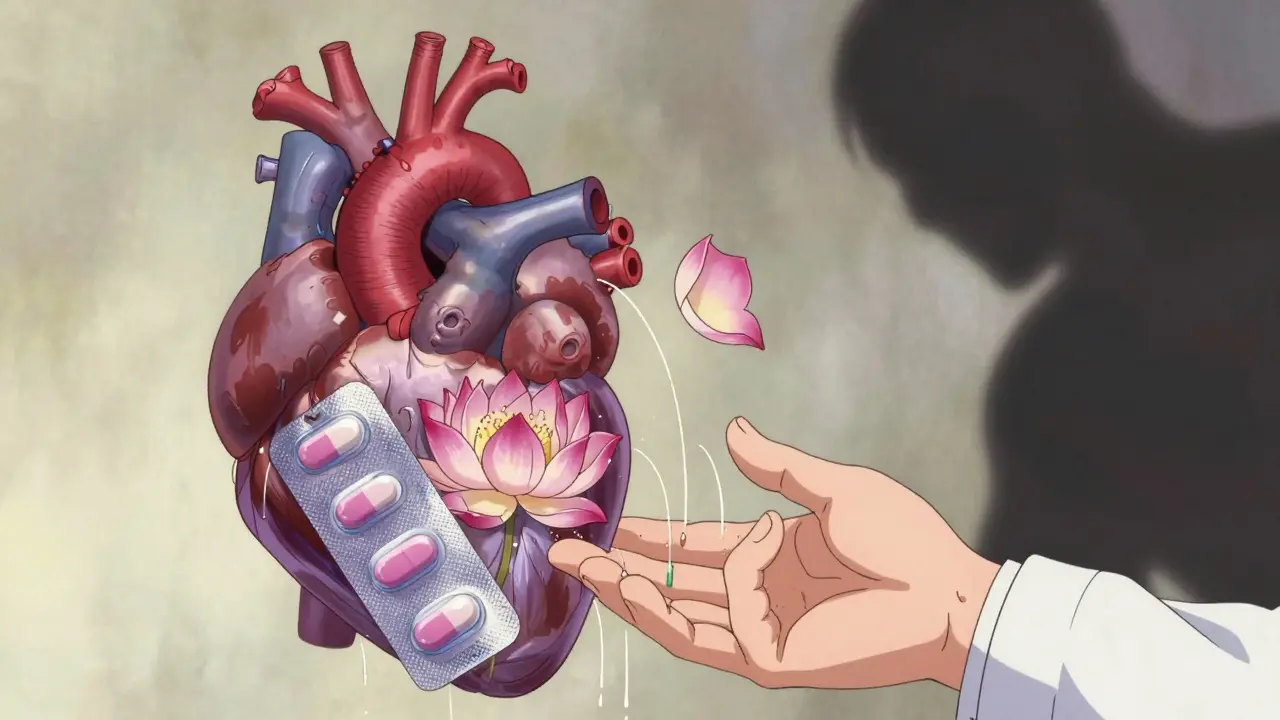 A heart shaped like a lotus with pill compartments as petals, one wilting, as a pharmacist's hand offers support.