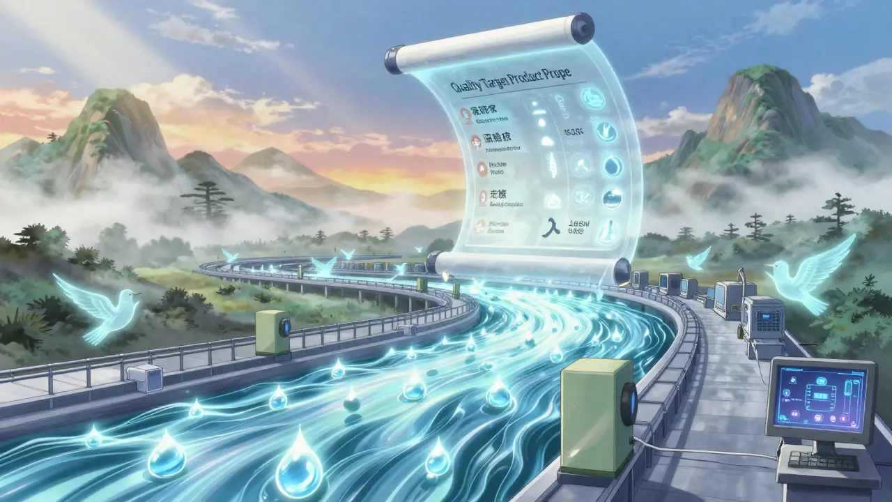 A luminous continuous manufacturing line shaped like a river, monitored by celestial sensors under a glowing QTPP scroll.