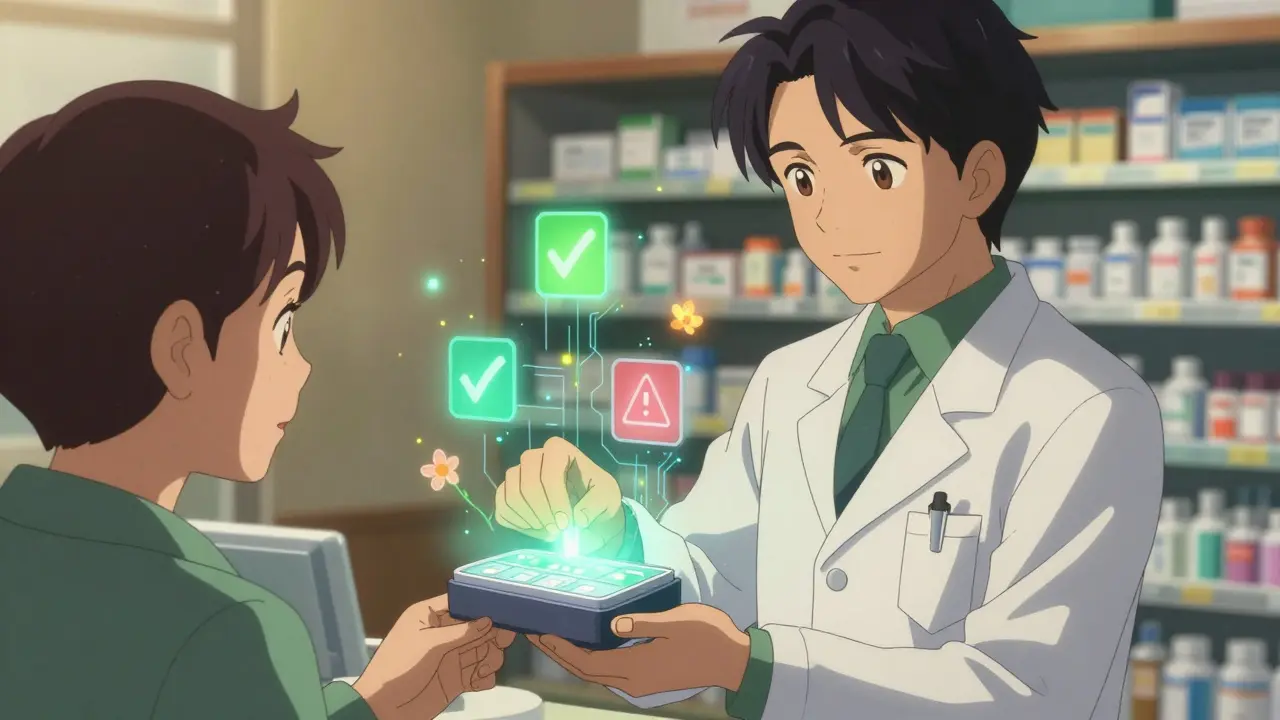 A pharmacist handing a smart pillbox to a patient in a softly lit pharmacy with floating digital icons.