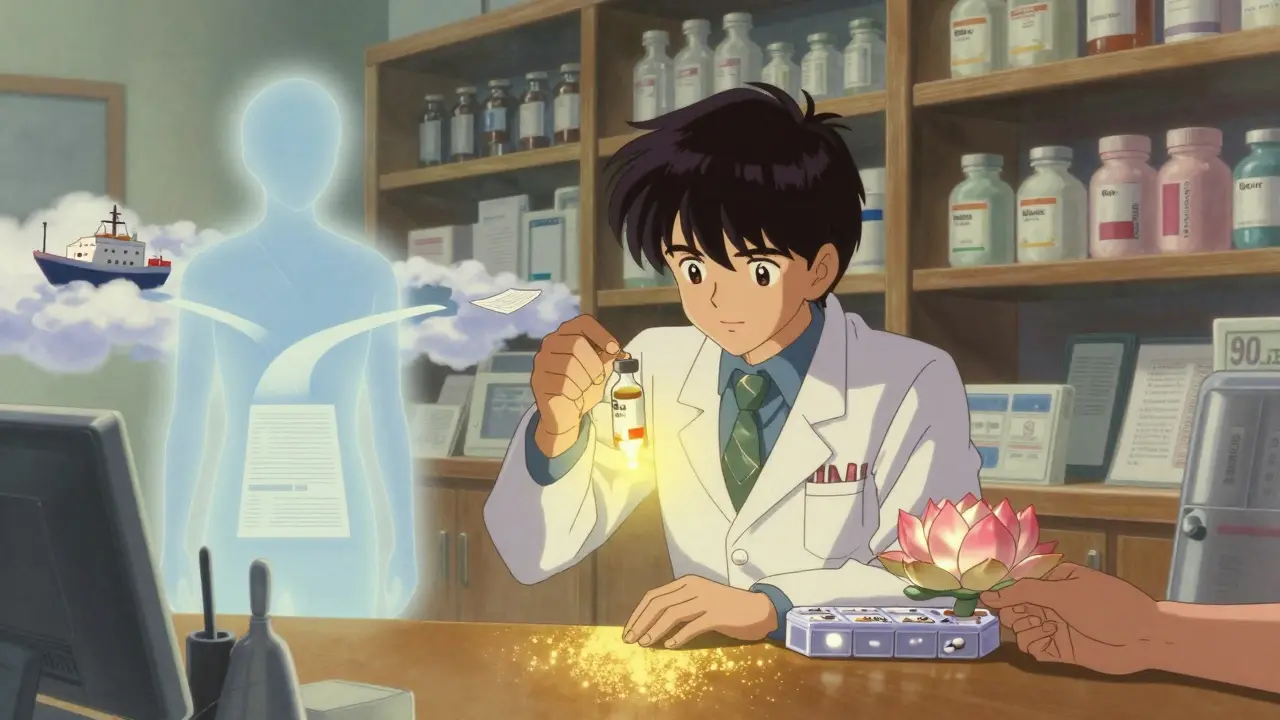 A pharmacist holding insulin as golden light refracts, with two spectral paths to mail-order and local pharmacy in ethereal Amano style.