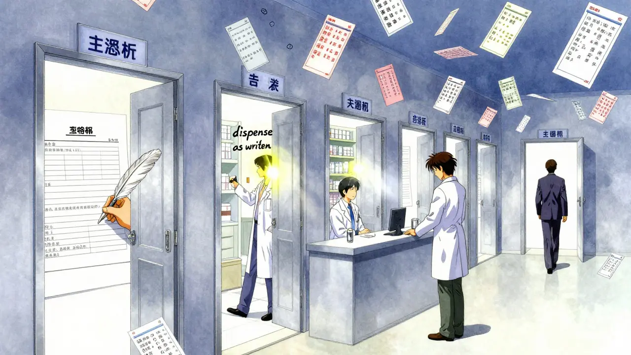 A pharmacist standing in an endless corridor of state-themed doors, each revealing different substitution rules under a sky of drifting prescriptions.