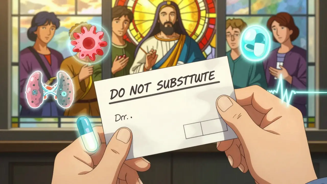 A prescription with 'DO NOT SUBSTITUTE' floats amid glowing medical symbols, bathed in golden light.