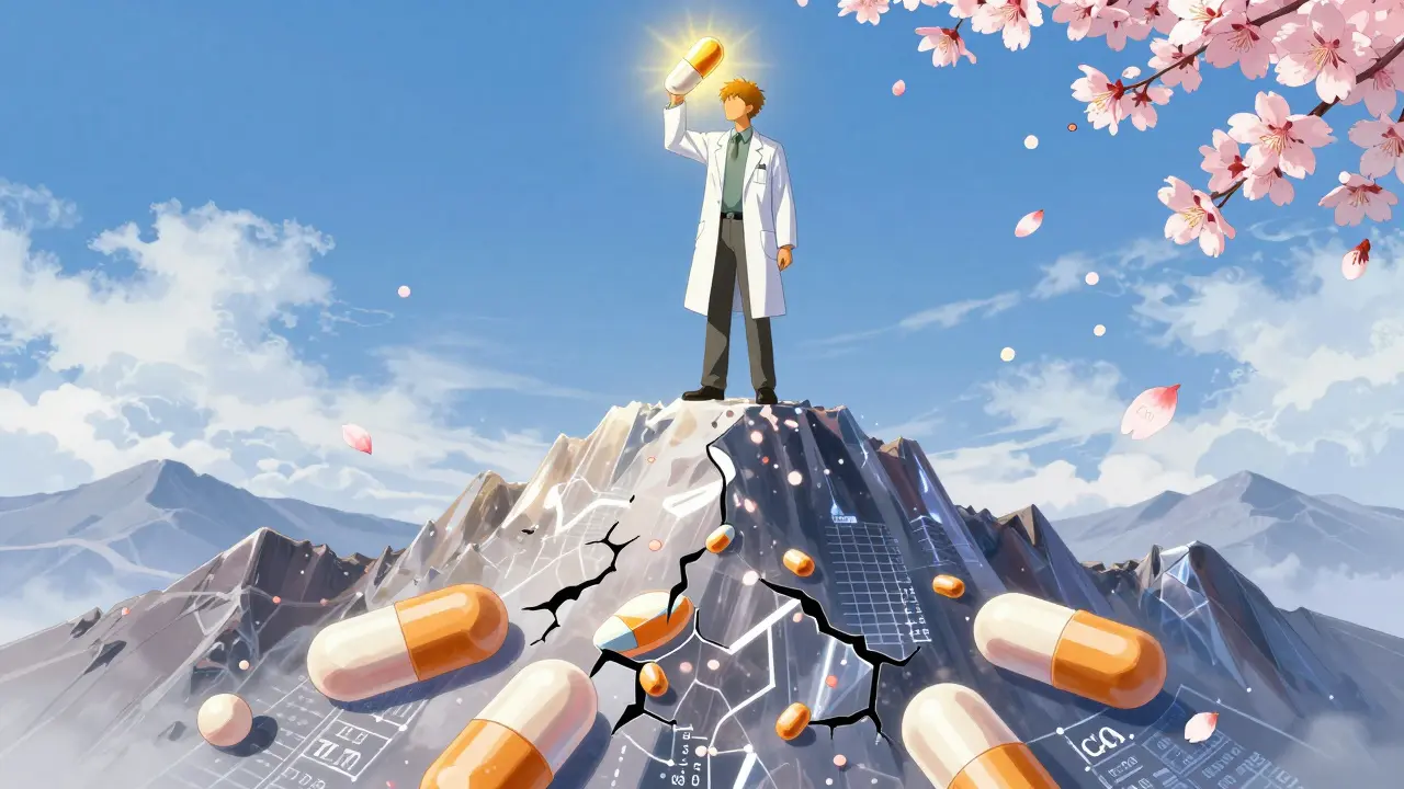 A scientist holding a glowing generic tablet beneath the silhouette of the brand drug, amidst data patterns and falling petals.