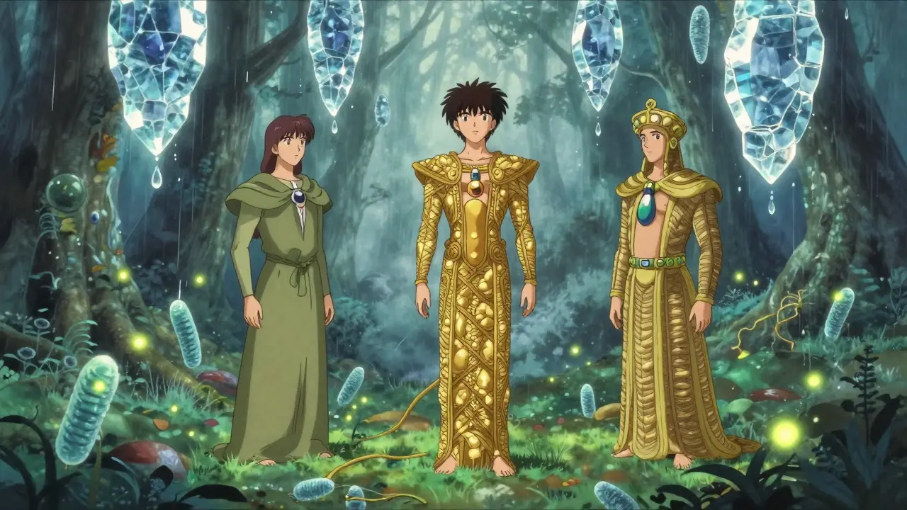 A surreal colon landscape with crystalline bile acids raining down as three ornate binder guardians restore balance.