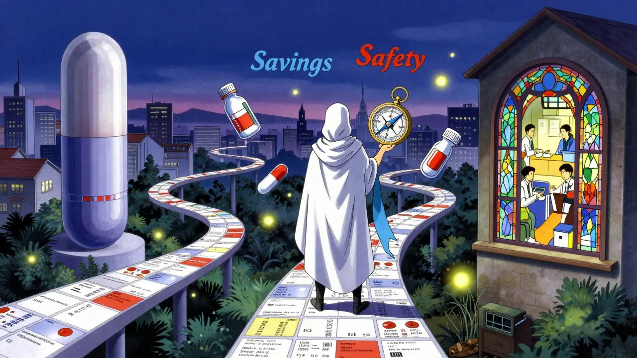 A twilight city of prescription pathways leading to mail-order and local pharmacy, with a figure holding a compass labeled 'Savings' and 'Safety'.
