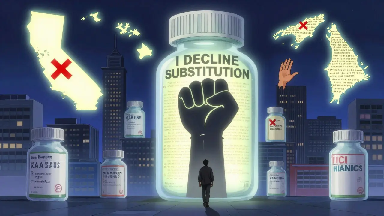 A walker passes pharmacies shaped like pill bottles, with floating state laws glowing above them.