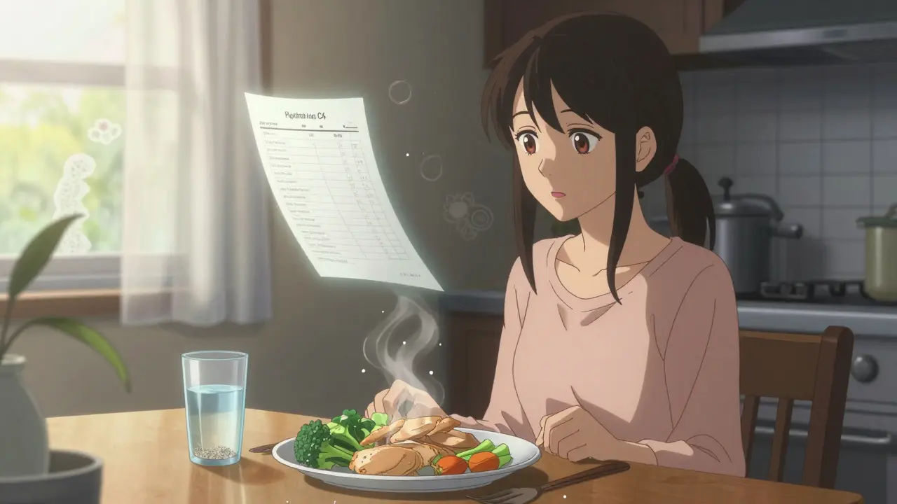 A woman at dawn eating a low-fat meal, with a glowing blood test report and psyllium husk beside her.