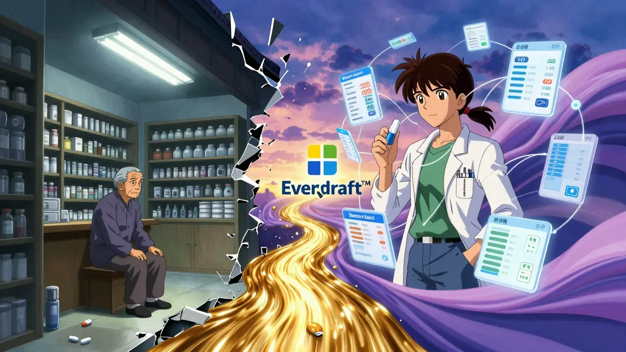 A young person connected to digital health tools contrasts with an isolated elderly person in a traditional pharmacy, under twilight hues.