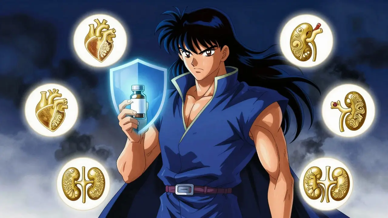 Confident patient holding medicine with health shield.