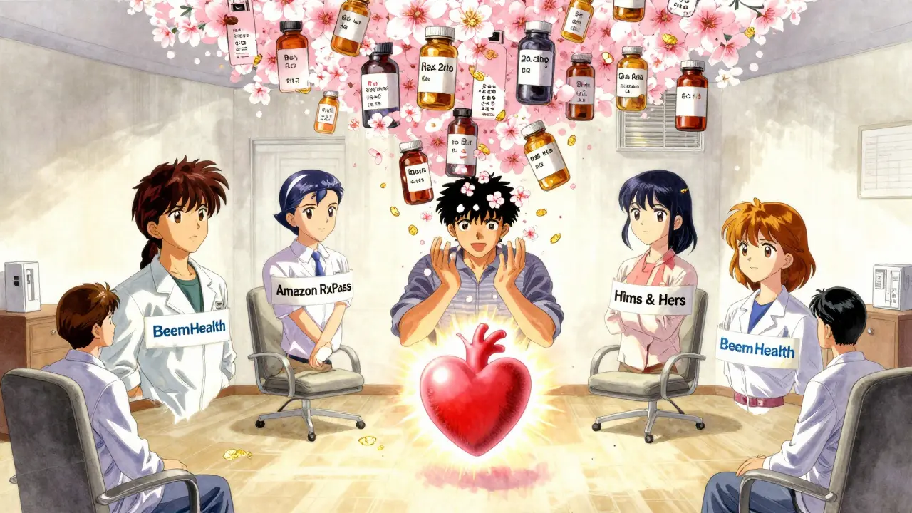 Four health platforms orbit a person as medication bottles cascade like blossoms, symbolizing affordable, personalized care.