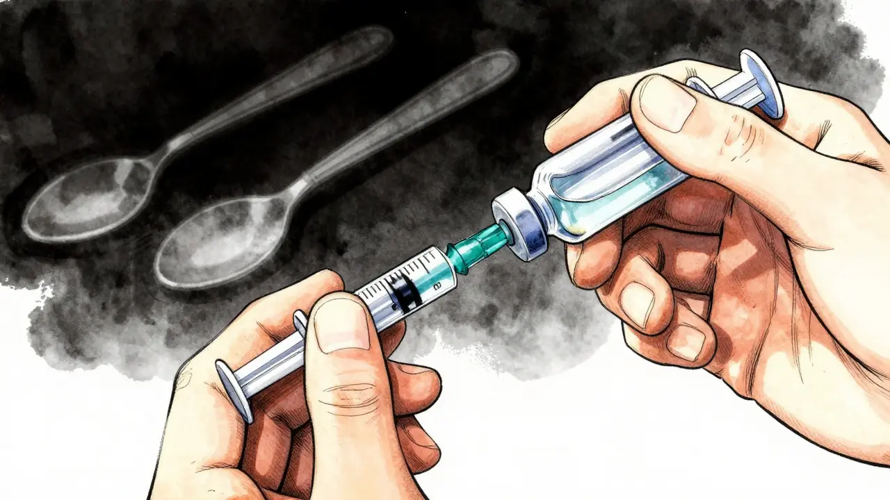 Hands carefully filling an oral syringe with liquid medicine accurately