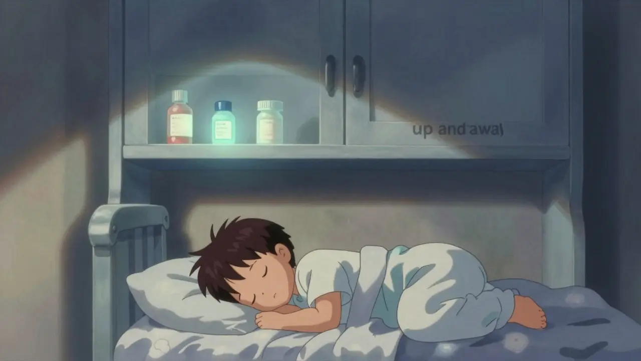 Medicine stored high on a shelf protecting sleeping child from access