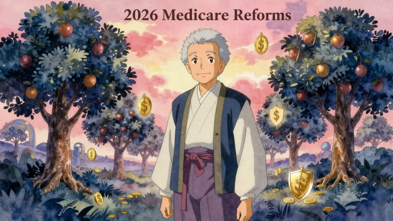 Senior citizen standing peacefully with medicine trees under a hopeful dawn sky illustration.