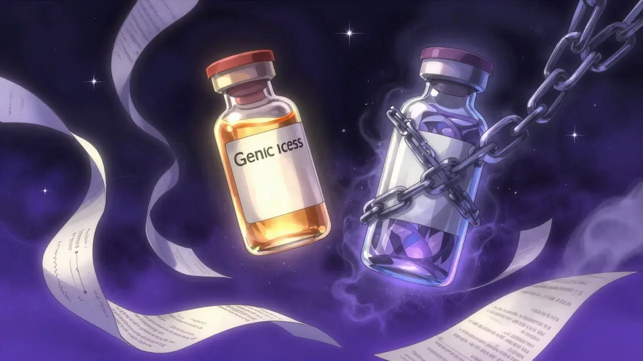 Two glowing medicine vials with one chained and one free, representing generic drug choices.