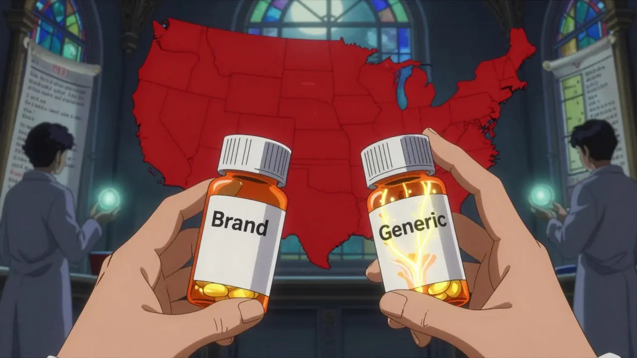Two identical pill bottles with glowing veins—one steady, one flickering—against a map of U.S. states where 15 are highlighted in red.