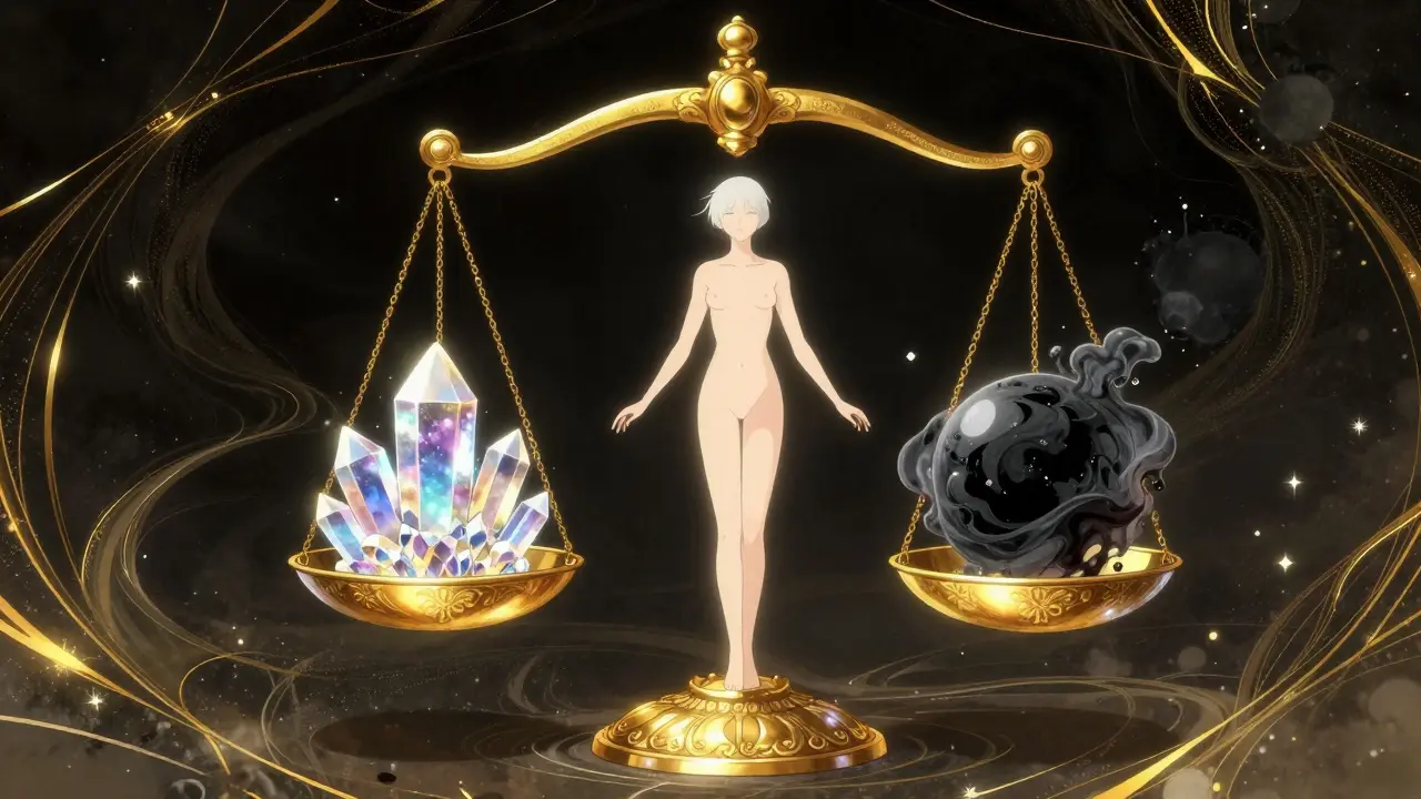 A celestial figure balancing mood benefits and side effects on a floating golden scale.