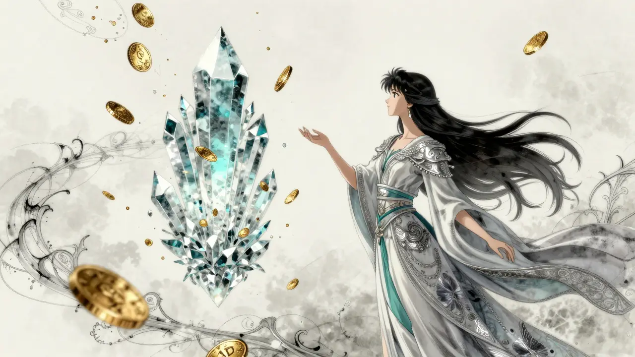 A graceful figure surrounded by shimmering crystals and floating gold elements.