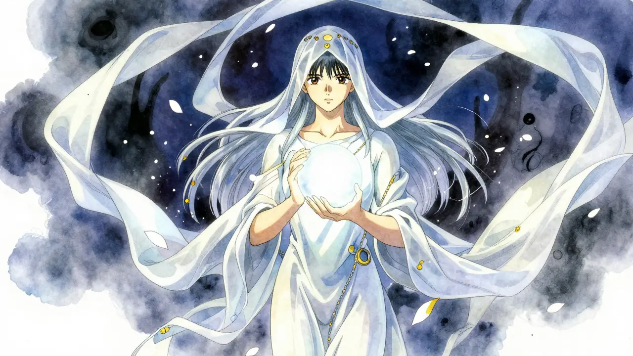 A guardian figure holding a glowing orb of light symbolizing a vaccine.