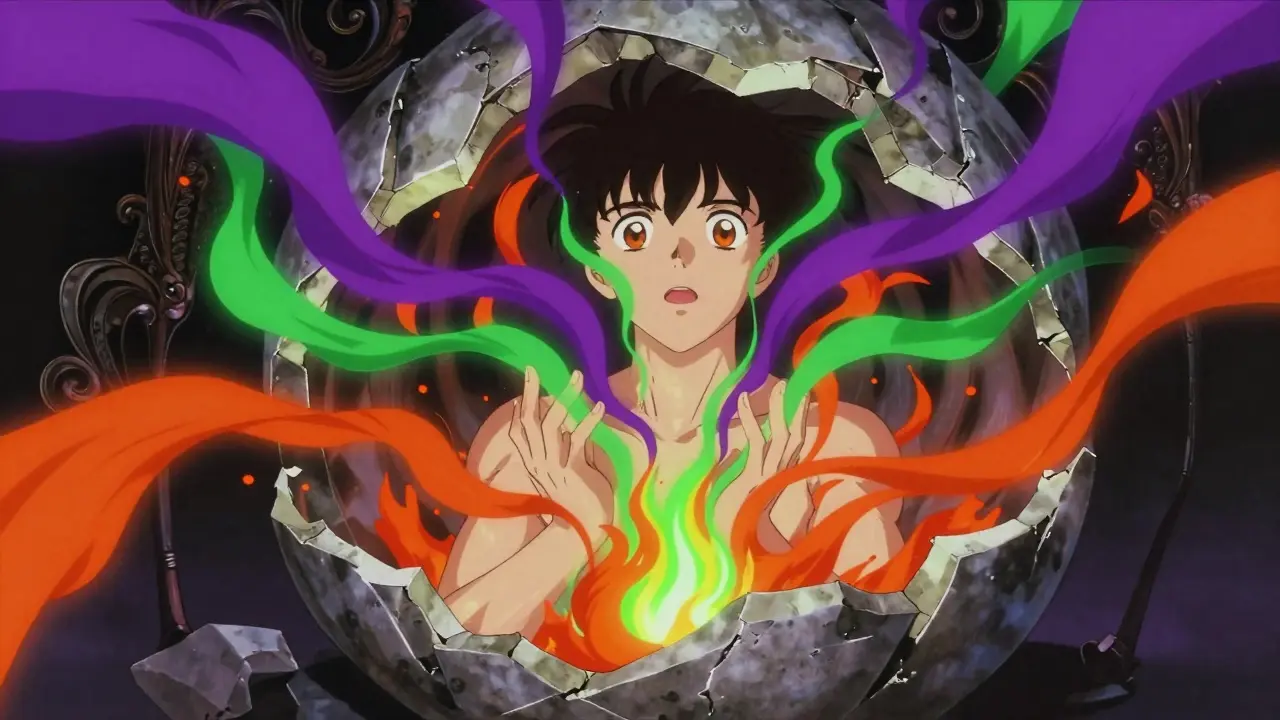 A person breaking through a grey shell as vibrant colors of emotion return