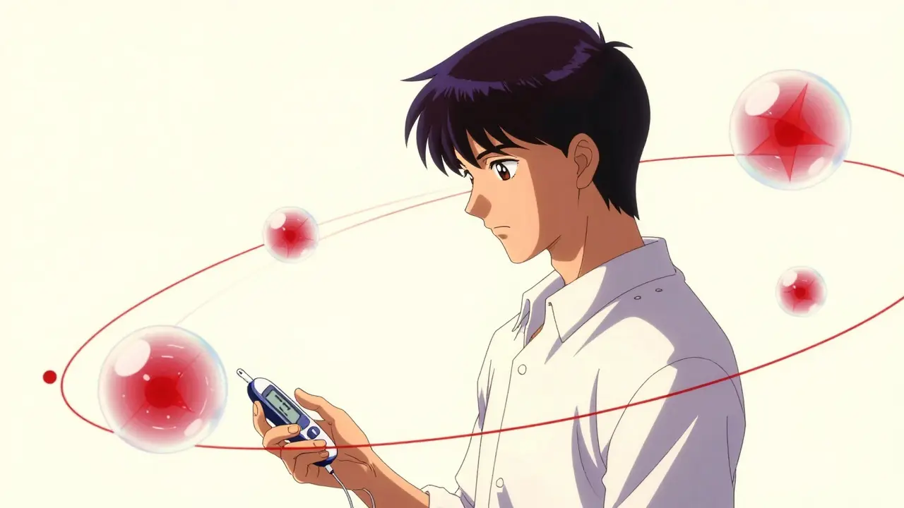 A serene person surrounded by orbiting translucent spheres and geometric markers.