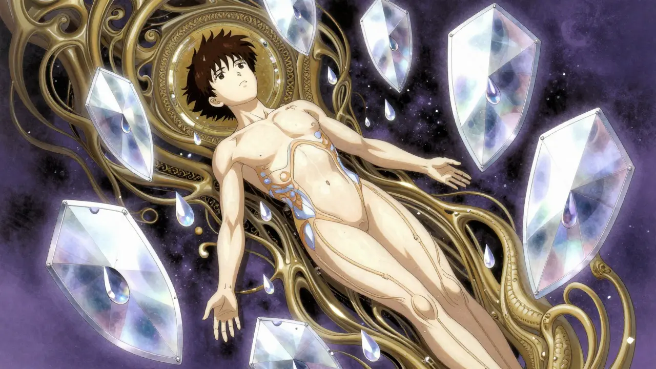 A stylized figure surrounded by shimmering protective light droplets.