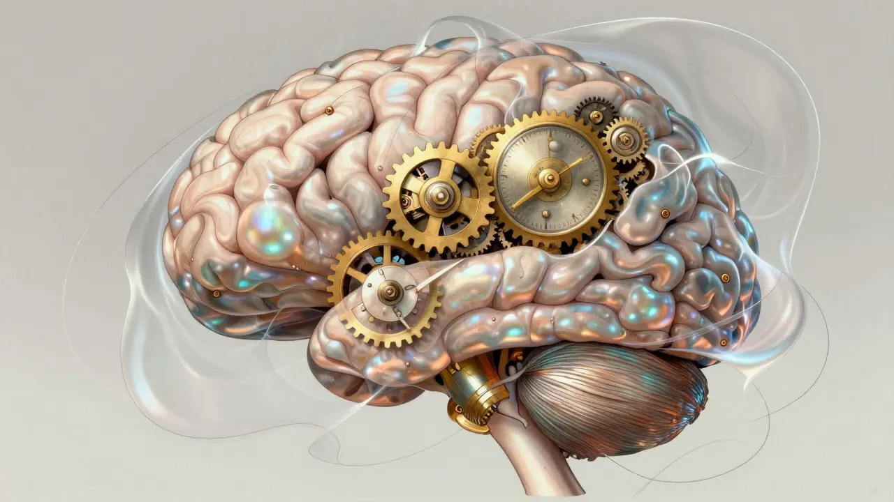 A stylized, gilded brain covered by a translucent veil representing emotional numbness