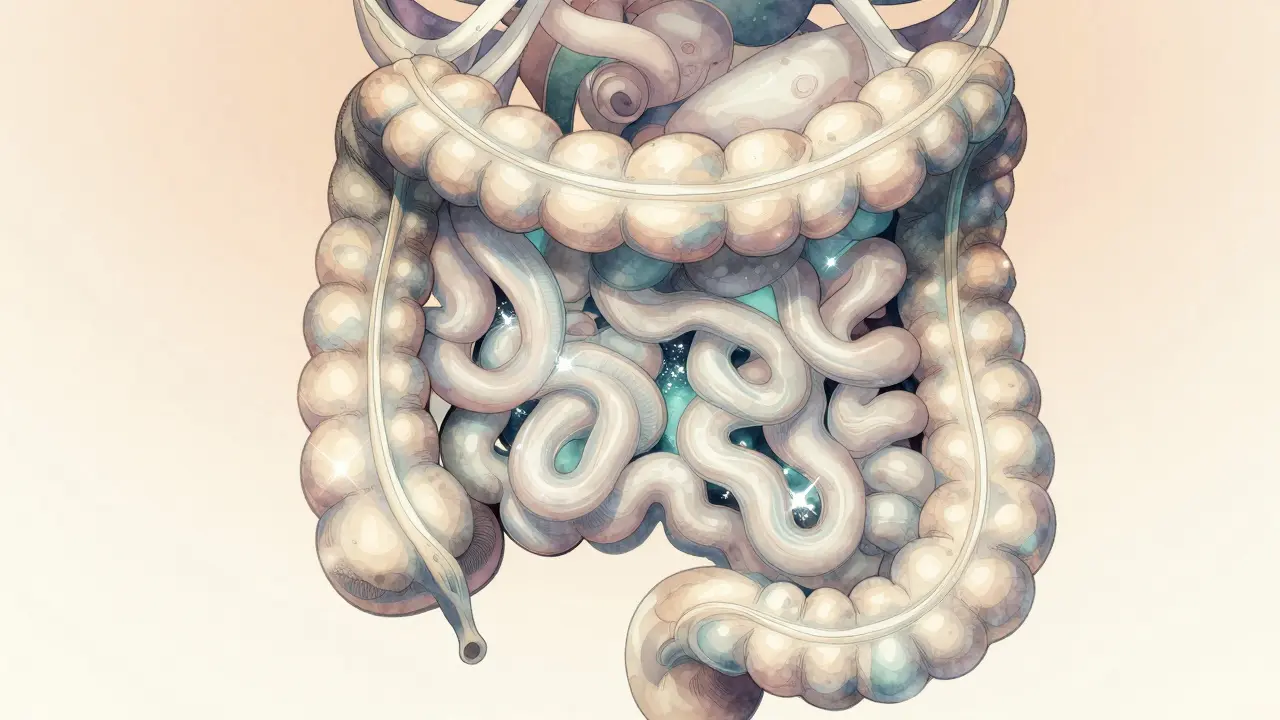 Abstract artistic depiction of the digestive system and gut hormones.