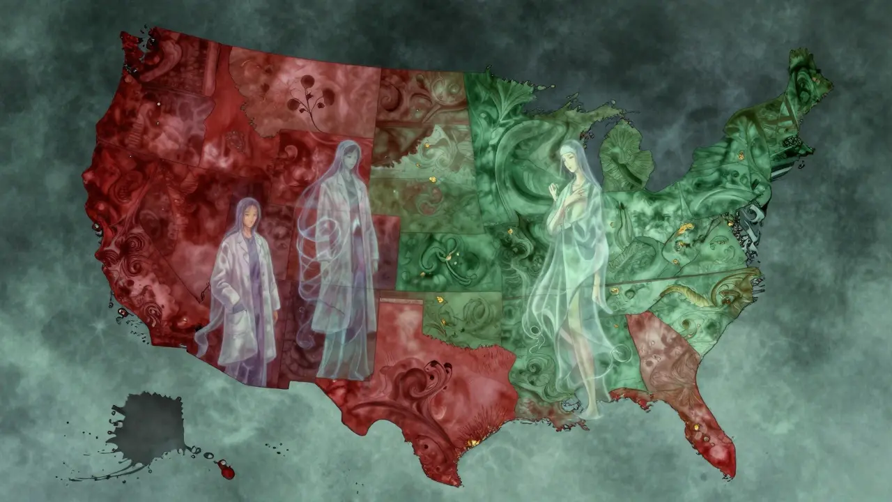 Abstract, ethereal map of the US showing different pharmacy law zones in red and green watercolor tones.