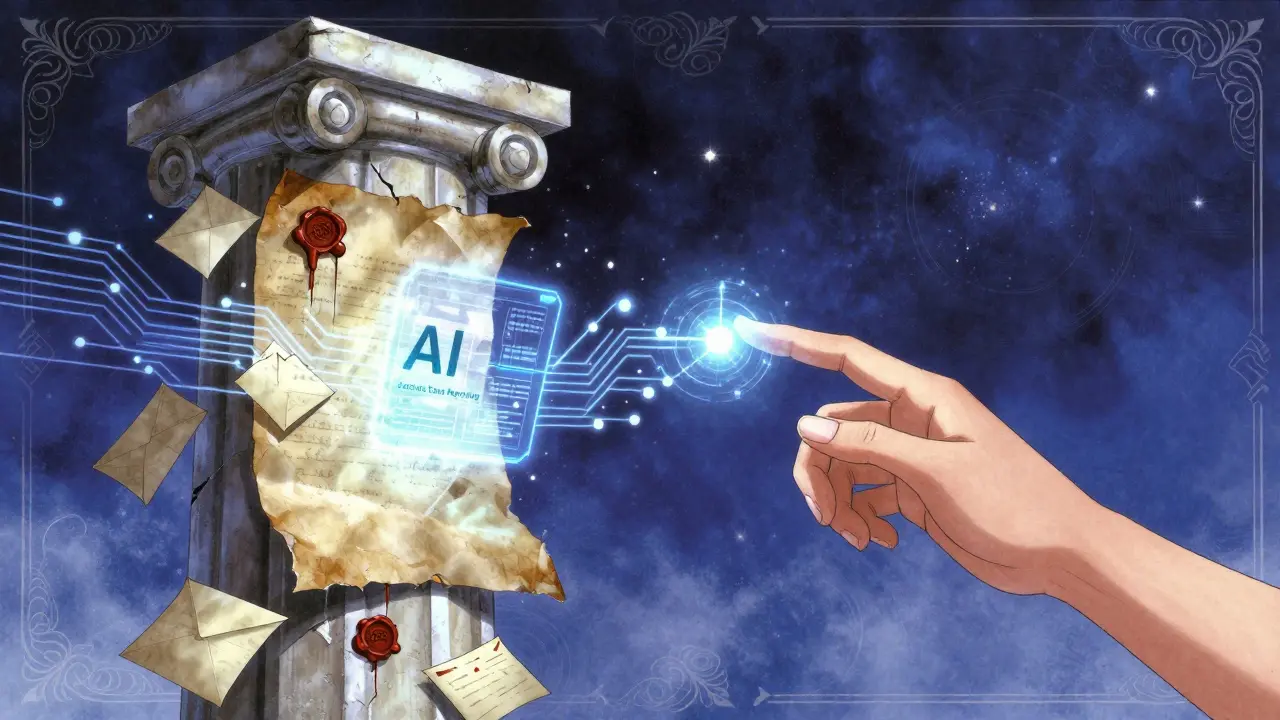 Abstract transition from paper records to digital AI healthcare reporting.