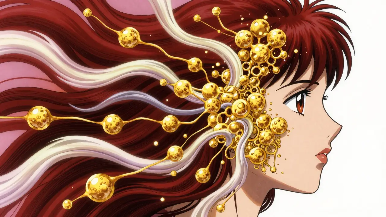 An abstract profile showing gold molecules and crimson flows symbolizing drug metabolism.