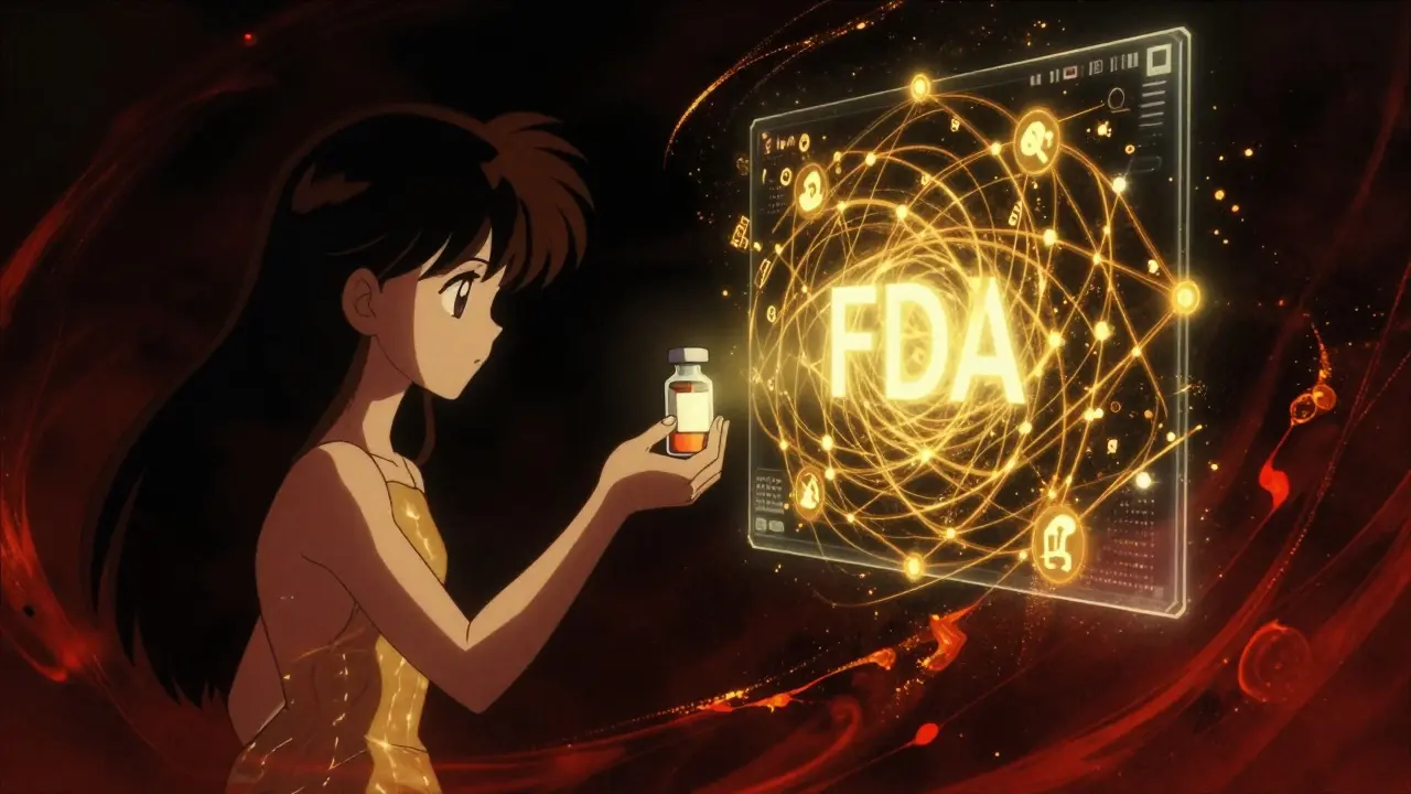 Ethereal figure cross-referencing a medication bottle with a glowing golden web of data