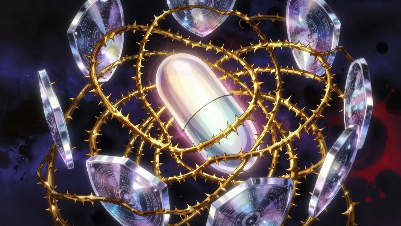 Glowing crystal pill protected by a complex web of golden vines and shields.