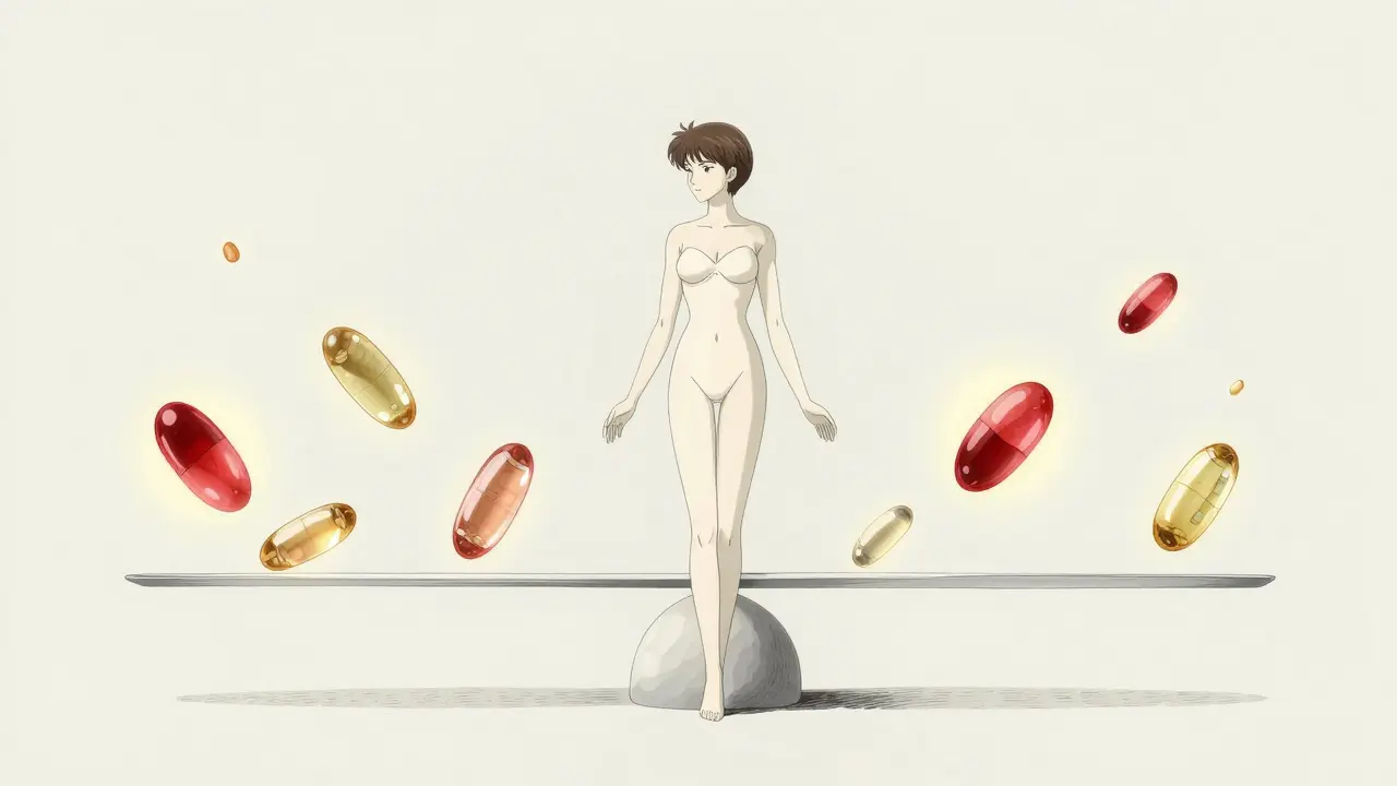 Graceful figure surrounded by glowing nutrients symbolizing lifelong health care.