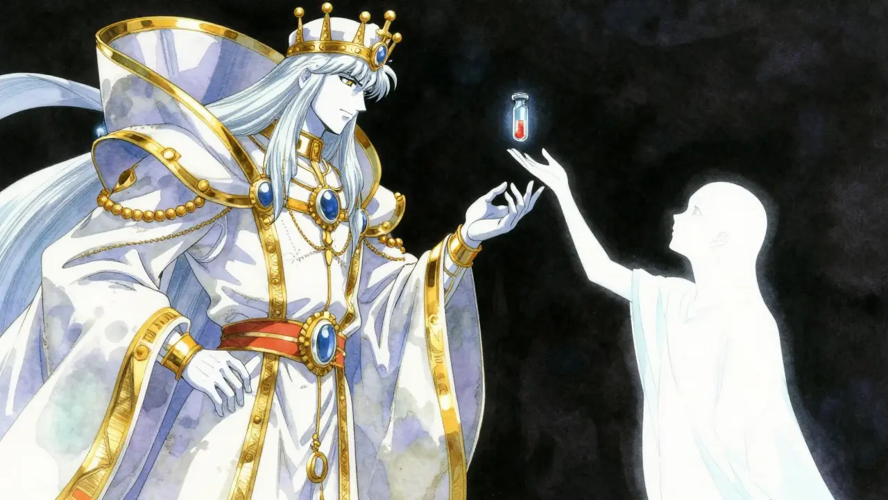 Opposing figures of an opulent entity and a fragile silhouette separated by a glowing vial.