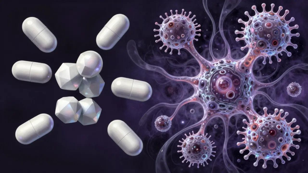 Stylized contrast between simple crystalline pills and complex, organic biological protein structures.