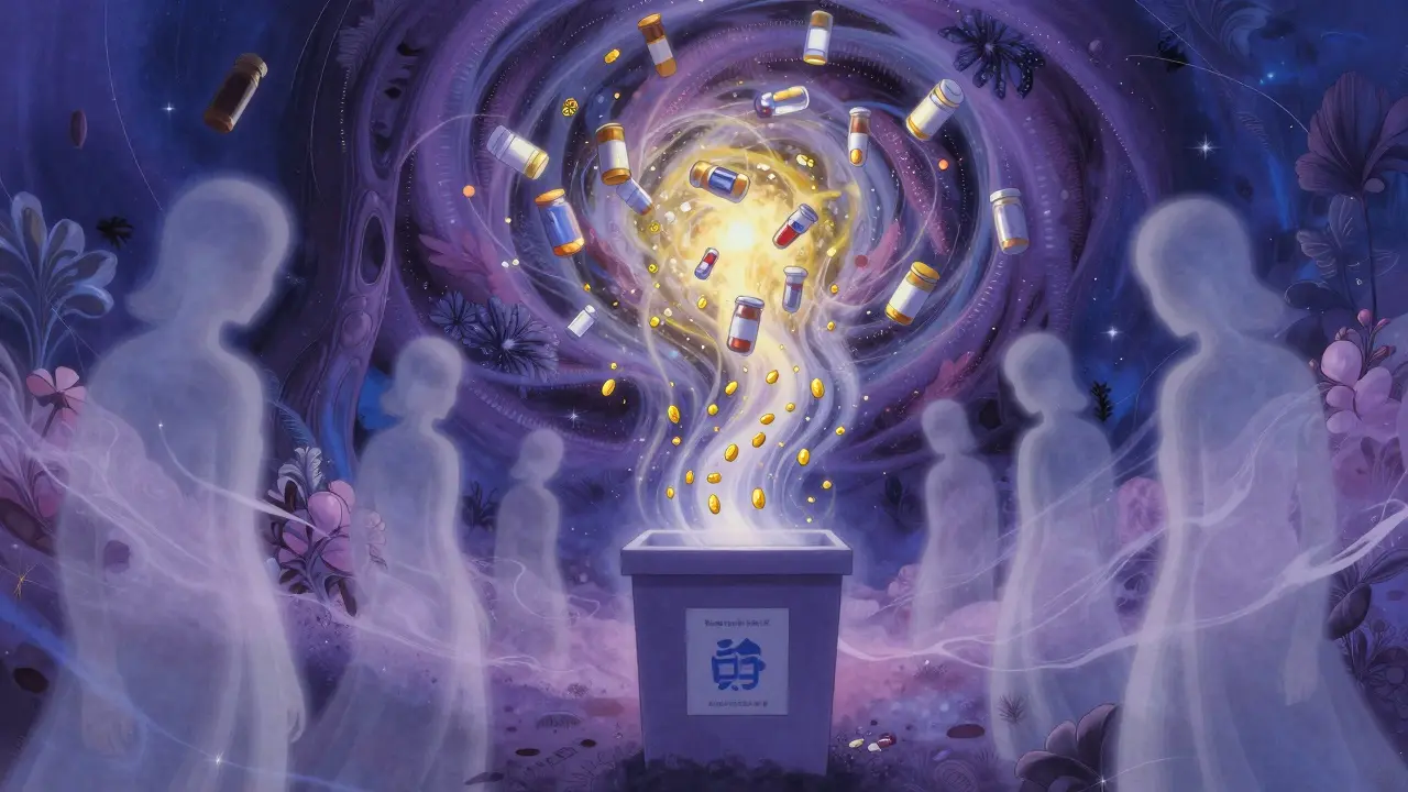 Surreal cosmic vortex absorbing discarded medicine containers in a purification process